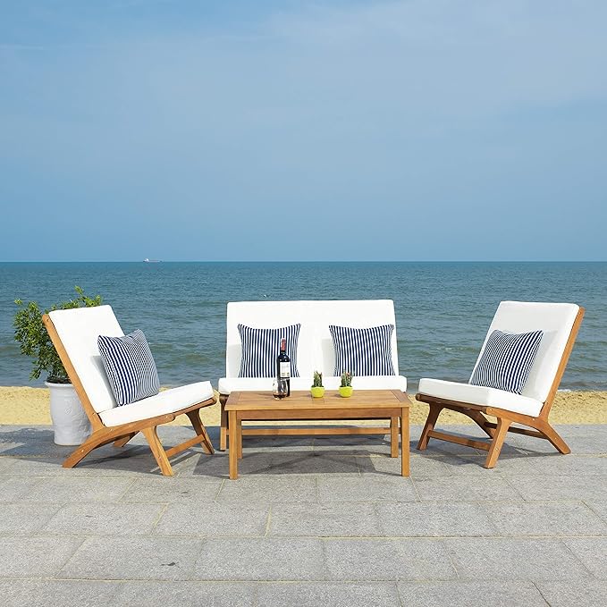 Safavieh Outdoor Chaston Natural and Beige 4-Piece Set with Navy Striped Pillows