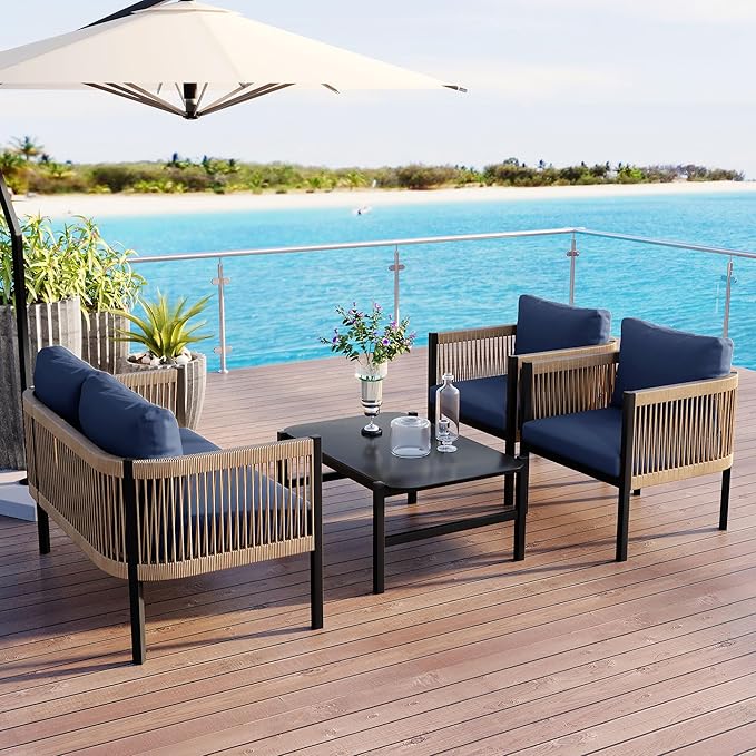 LUMISOL 4-Piece Patio Conversation Set Acacia Wood Outdoor Sofa & Chairs with Coffee Table, Outdoor Sofa Set with Coffee Table, Patio Conversation Set for Garden Backyard, Dark Blue