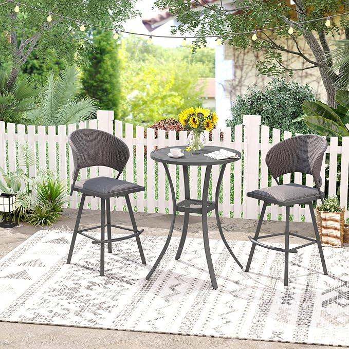 VICLLAX Patio Bar Height Table, Round Outdoor Bar Table with Umbrella Hole, 27.6" Grey
