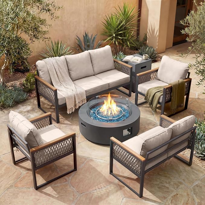 UPHA 7 Pieces Patio Furniture Set with 42" Propane Gas Fire Pit Table, Metal Outdoor Sectional Couch Set with Loveseat & 3-Seat Sofa, Modern Patio Conversation Set for Porch Balcony Deck, Beige