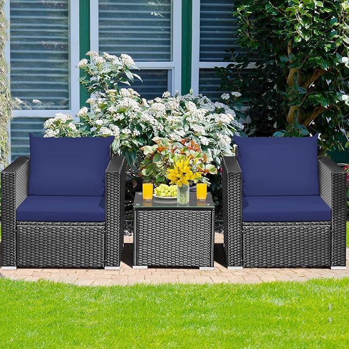 HAPPYGRILL 3-Piece Patio Furniture Set Rattan Wicker Patio Conversation Set with Coffee Table and Cushions Outdoor Sofa Set for Garden Balcony Porch Poolside