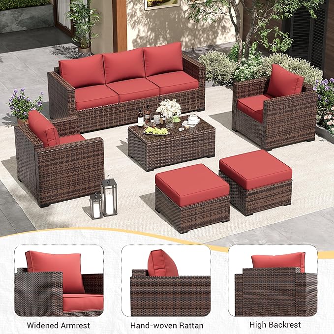 Amopatio Patio Furniture Set, Outdoor Furniture Wicker Rattan Sofa, Outdoor Sectional with Ottomans, Patio Set for Backyard Porch Balcony (Burgundy)