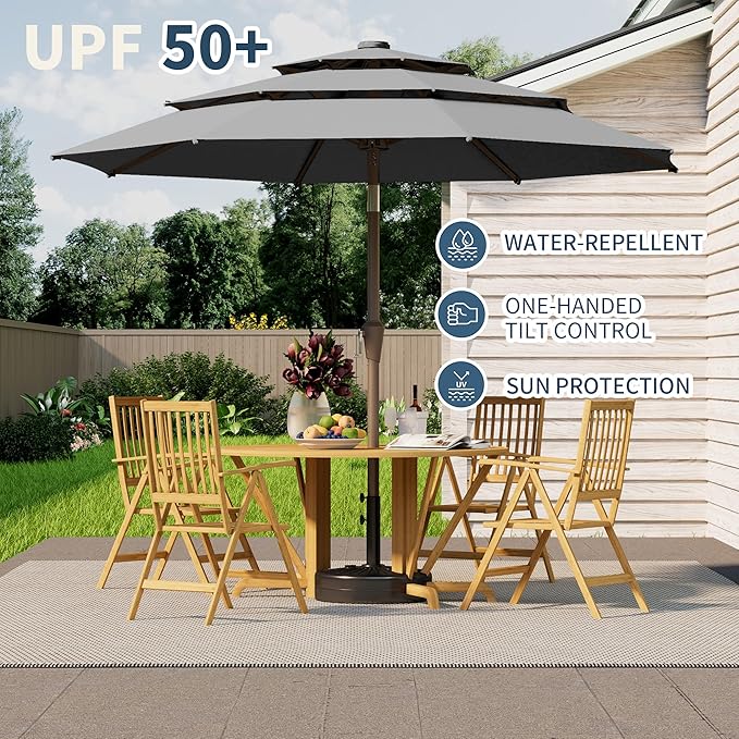 9FT 3 Tiers Patio Umbrella With Auto Tilt And Crank, Outdoor Table Market Umbrella with 8 Sturdy Ribs for Garden, Lawn, Deck, Backyard and Pool