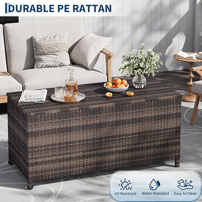 Litake Large 125 Gallon Outdoor Deck Storage Box with Wheels & Handles – Heavy Duty Waterproof PE Rattan Chest – Weatherproof Patio, Garden, Poolside Organizer –Brown