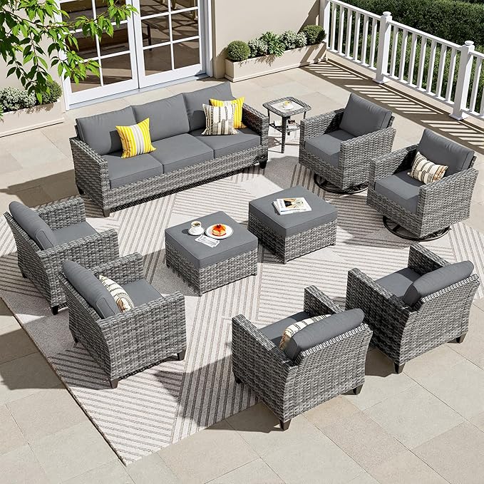ovios 10 Pieces Patio Furniture Set, Outdoor Wicker Sofa Couch with Swivel Chairs, Rocking Glider Rocker with Comfy Cushions All Weather Rattan Conversation Set, Dark Grey