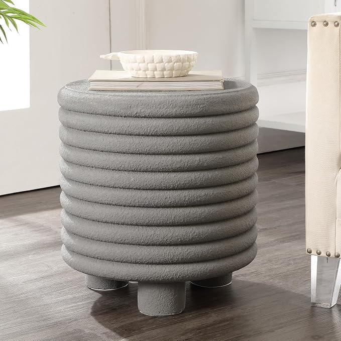 JONATHAN Y Evans Modern Ribbed Drum Outdoor Accent Table, 18" H Weather-Resistant Footed Garden Stool for Patio, Porch, and Living Room, Frosted Gray TBL1107A