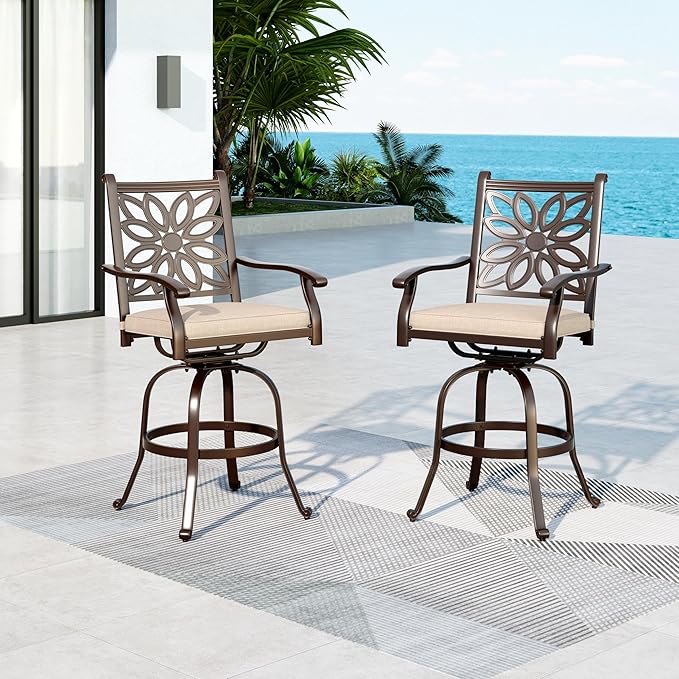 MFSTUDIO Outdoor Barstools Set of 2, Cast Aluminum Swivel Outdoor Bar Chairs, Bar Height Patio Chairs with Extra Wide Seat and Cushion, Brown, 350lbs