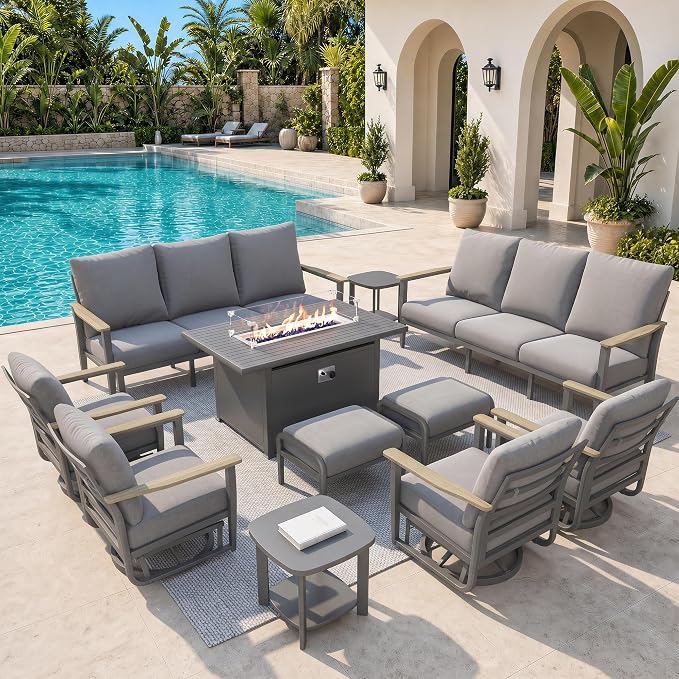 Aluminum Outdoor Patio Furniture Set, 11-Piece Sectional Sofa with 5.1" Thick Cushions, Swivel Rocking Chairs, 55,000 BTU Fire Pit Table, Outdoor Couch for Backyard, Deck, Gray