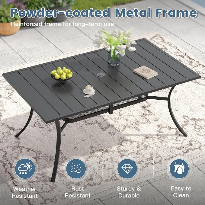 DIFY 7 Piece Outdoor Patio Dining Set for 6, Patio Table and Chairs Set with Umbrella Hole, 59.2" Rectangle Dining Table and Stackable Metal Chairs for Backyard Garden Poolside, Black