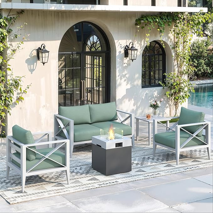 Aluminum 4-Seats Outdoor Patio Furniture Set with Fire Pit, Sectional Conversation Sofa Set with 5.2" Thick Cushions & Coffee Table,Rust-Resistant Frame Seating Sofa for Porch, Garden, Backyard, White