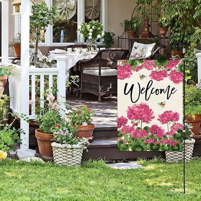 Baccessor Spring Summer Geranium Welcome Garden Flag Double Sided Burlap with Clip and Stopper,Pink Floral Bee Flag Seasonal Farmhouse Front Entry Yard Lawn Outside Outdoor Decoration 12.5 x 18 Inch