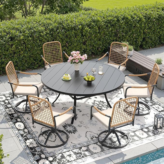 DIFY 7 Pieces Outdoor Dining Set for 6, 53" Round Dining Table with Umbrella Hole & Wicker Swivel Patio Chairs with Cushions, Metal Patio Table and Chairs Set for Backyard Porch Garden, Black