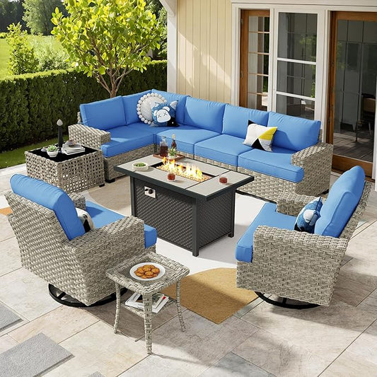 Weaxty 10 Pieces Outdoor Patio Furniture Set with Swivel Rocking Chair, Outdoor Sectional Sofa Couch Wicker Modular Patio Conversation Set w/42 Fire Pit and Coffee Side Table,Sapphire Blue