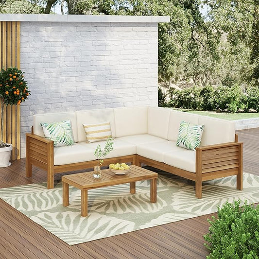 Christopher Knight Home Havets 81.25" Sectional L Shaped Sofa, 4 Pieces Acacia Wood Patio Furniture Set, Slat Coffee Table, Spacious Seat and Table Set for Backyard Garden Balcony, Teak+Beige