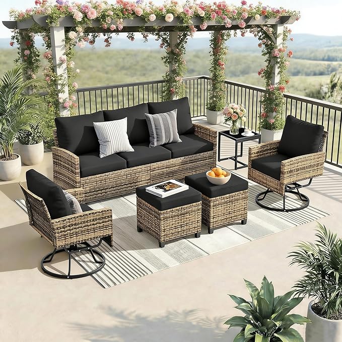 6 Piece Outdoor Furniture Set, Rattan Patio Furniture with 2 Swivel Chairs, 3-Seat Sofa, 2 Ottoman & Side Table, All-Weather Conversation Set for Porch Garden Lawn Balcony (Brown & Black)