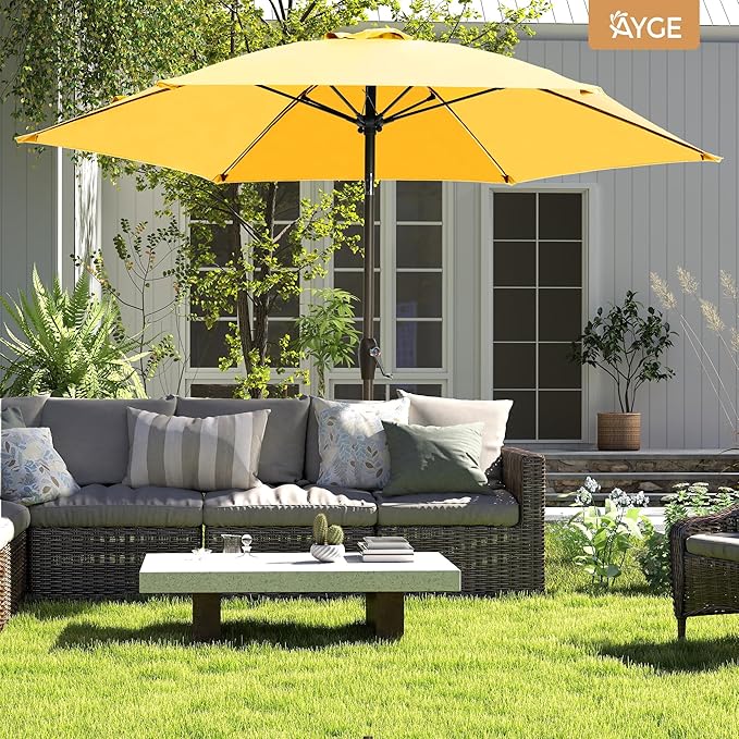 Ayge 7.5FT Large Outdoor Patio Umbrella Market Table Umbrella-UV Resistant, Easy Push Button Tilt and Crank, 6 Sturdy Fiberglass Ribs Heavy-Duty Pool Umbrella for Deck, Backyard,Garden, Yard,Yellow