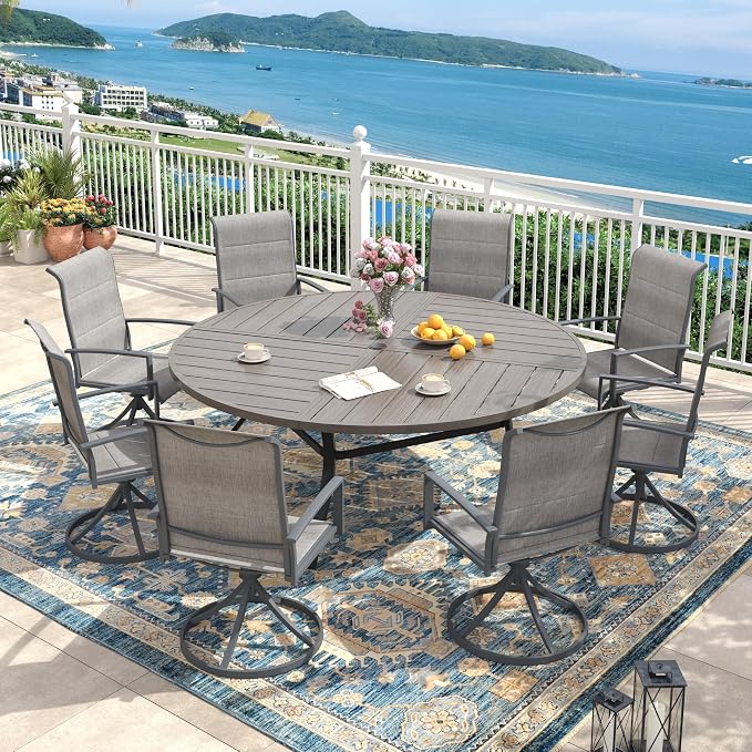 Outdoor Dining Set for 8, 63.1" Outdoor Dining Table with Umbrella Hole and Padded Textilene Patio Swivel Chairs, 9 Pieces Patio Table and Chairs Set for Garden Backyard, Grey