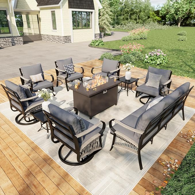 10 Pieces Patio Conversation Sets, All Weather Metal Outdoor Furniture Set 3-Seater 2 Single Chairs 4 Swivel Rockers with 2 Side Tables and Fire Pit Table for Backyard Garden Deck Poolside, Gray