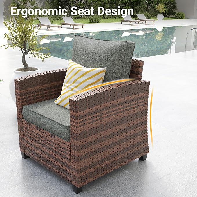 6 Pieces Patio Furniture Set with 44" Gas Fire Pit Table, Outdoor Sectional Sofas, All-Weather Wicker Rattan Sofa w/Gas Fire Pit, Ottoman, Thick Cushion, Dark Grey