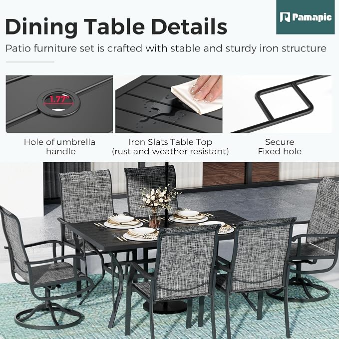 7-Piece Outdoor Dining Set, Patio Furniture Set with 2 Textilene Swivel Chairs & 4 Regular Chairs,Patio Dining Set with 1 Rectangular Table for Garden, Backyard, Poolside, Deck, Charcoal