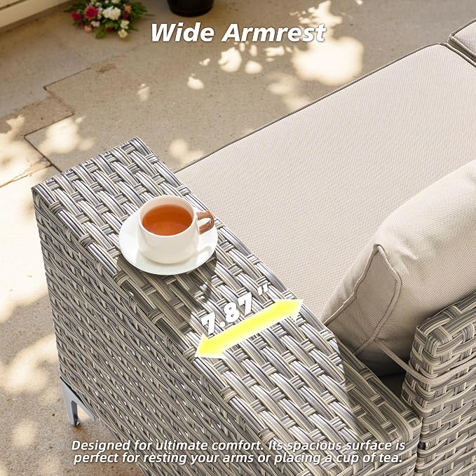 CAODOC 5-Piece Patio Furniture Set with L-Shape Sofa Chaise, Outdoor Sectional Couch Solar Table, Modern Modular Wicker Rattan Conversation Set