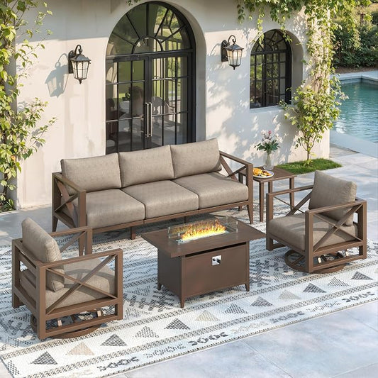 Aluminum Outdoor Patio Furniture Set with 43" Fire Pit Table, 7-Piece Outdoor Sectional with 5.2" Thick Cushions, Patio Conversation Sets for Backyard,(Brown,5 Seats)