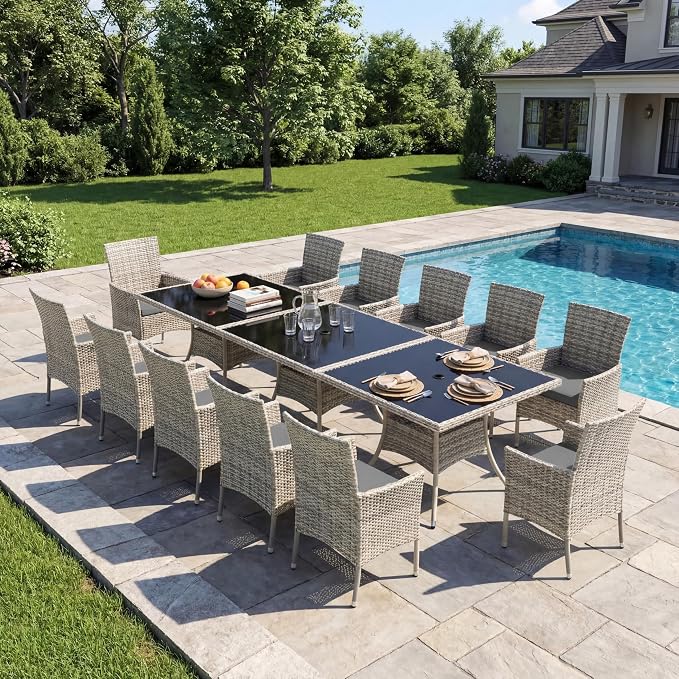 15-Piece Patio Dining Set, Patio Furniture Set with Square Tempered Glass Table & 12 Wicker Chairs, Expandable Design for Larger Groups, Outdoor Furniture for Backyard, Deck, Garden, Grey