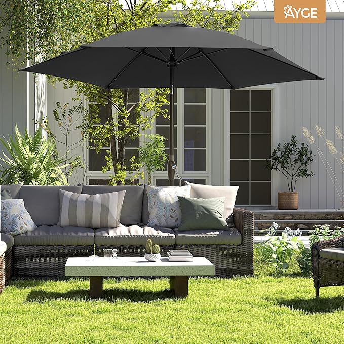 Ayge 7.5FT Large Outdoor Patio Umbrella Market Table Umbrella-UV Resistant, Easy Push Button Tilt and Crank, 6 Sturdy Fiberglass Ribs Heavy-Duty Pool Umbrella for Deck, Backyard,Garden, Yard,Black