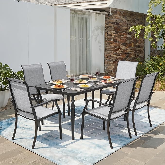 NUU GARDEN 7-Piece Patio Dining Table Set, Outdoor Metal Dining Furniture Set with Umbrella Hole Rectangular Table and 6 Textilene Chairs, Black