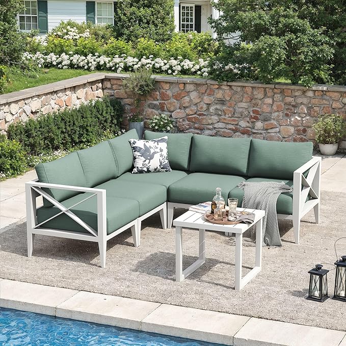 Aluminum Outdoor Furniture Set,5-Seats Conner Patio Sectional Conversation Sofa with 5.2" All-Weather Cushions and Coffee Table,Patio Furniture Set for Deck, Porch, Garden (White)