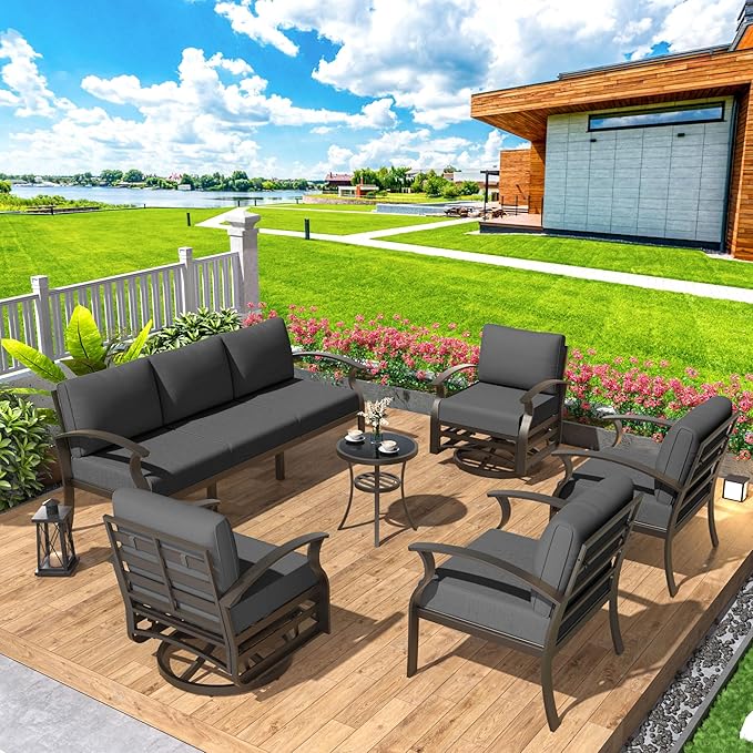 Aluminum Patio Furniture Set Patio Conversation Set,7 Seats Metal Modern Outdoor Furniture w/5.1" Cushions,Patio Sectional w/Swivel Chairs for Patio,Backyard,Grey