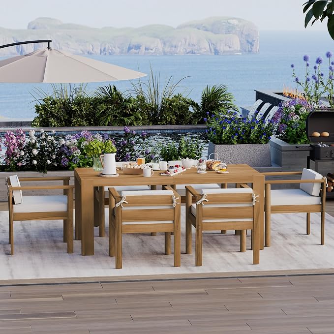 7-Piece Patio Dining Table Set for 6, Outdoor Furniture Sets with 71" Rectangle Table and Removable Cushions for Backyard, Garden, Poolside Deck (Beige+Light Teak)