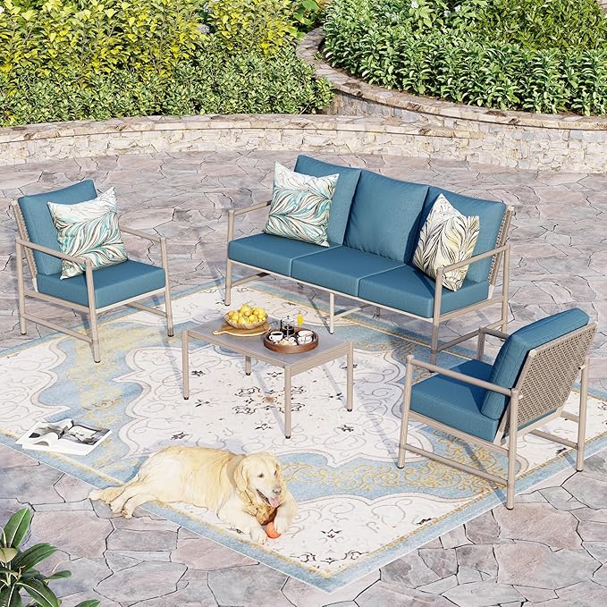 Sophia & William 4-Piece Outdoor Wicker Patio Conversation Set, 3-Seat Sofa, 2 Fixed Sofa Chairs, 31" Coffee Table, Patio Furniture for Poolside, Backyard