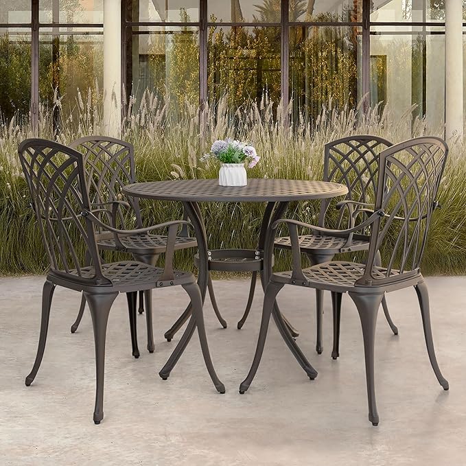 NUU GARDEN 5 Piece Patio Dining Set, 33" Round Cast Aluminum Dining Table with 1.97" Umbrella Hole and 4 Patio Dining Chairs for Backyard, Patio, Garden, Balcony, Brown with Gold Point