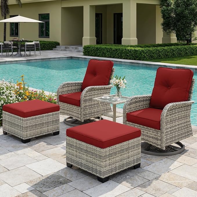 5-Piece Small Patio Furniture Set, Outdoor Swivel Rocking Chairs Set with Ottomans, Patio Bistro Set for Balcony, Deck, Porch, Red