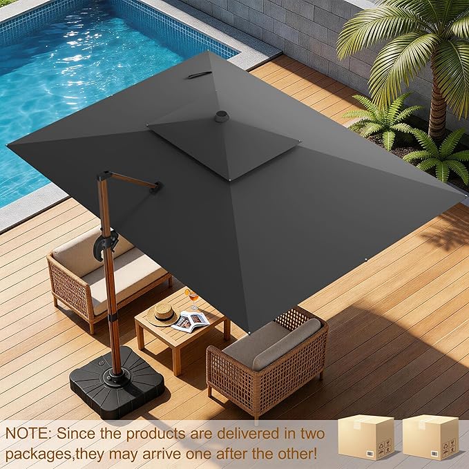 10x13FT Cantilever Outdoor Patio Umbrellas with Base, Double Top Wood Pattern Rectangle Umbrella, Heavy Duty 360°Rotation Offset Umbrella for Garden Deck Pool Patio, Grey