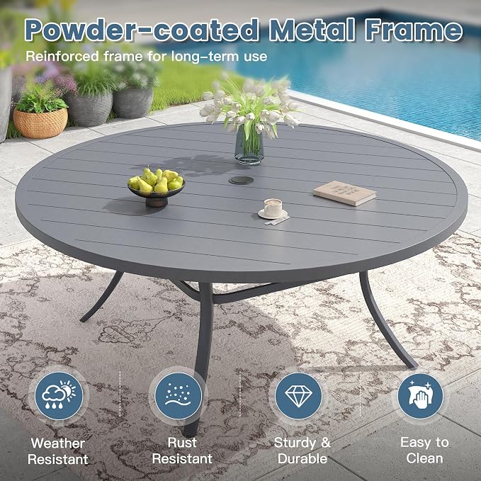 DIFY Outdoor Dining Set for 8, 9 Piece Patio Table and Chairs Set, Swivel Patio Dining Chairs with Textilene Fabric & 63" Round Metal Dining Table with Umbrella Hole, for Garden Backyard Deck, Grey