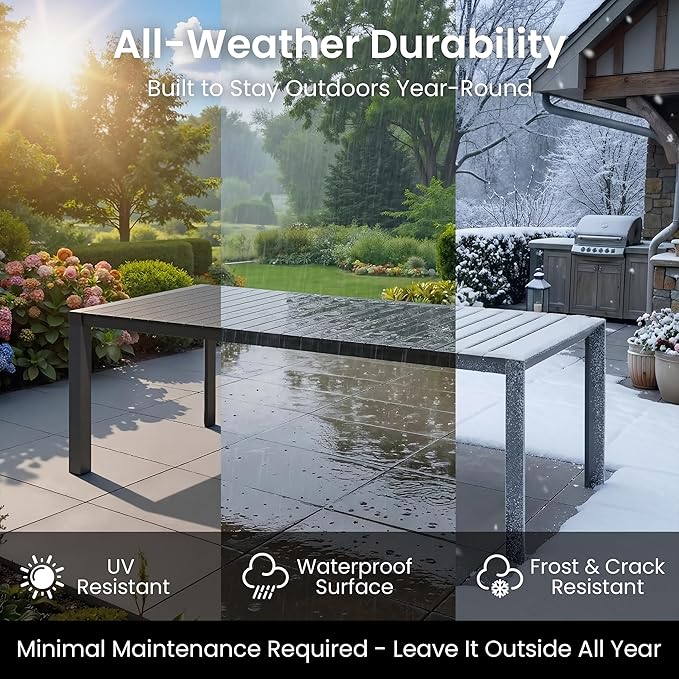 Crestlive Outdoor Dining Table for 8, Patio Table with Umbrella Hole, Aluminum Frame & WPC Wood-Like Tabletop Ideal for Garden, Backyard, and Indoor