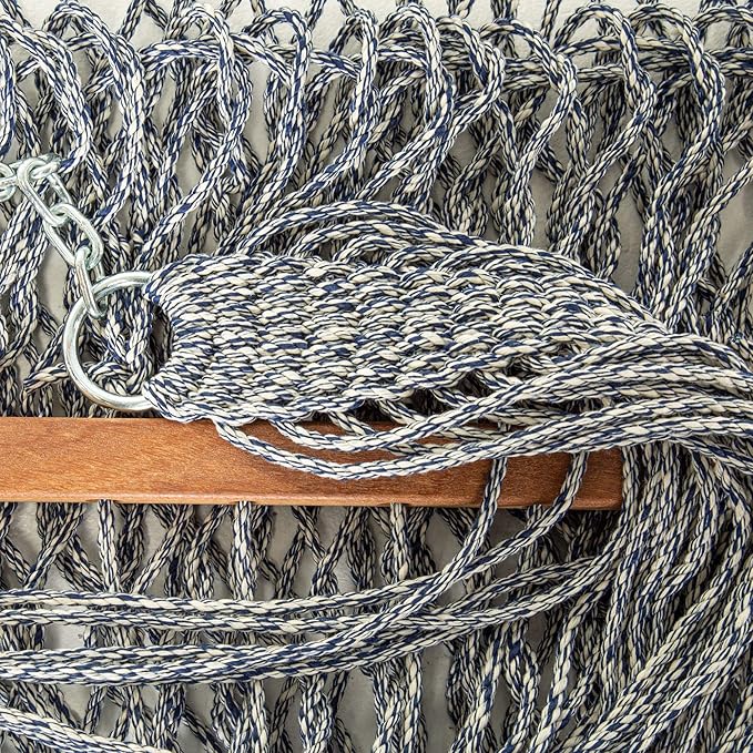 Hatteras Hammocks Small Navy Oatmeal Heirloom Tweed DuraCord Rope Hammock – 11 ft. x 45 in., 450 lb Capacity, Cumaru Spreader Bar, Zinc-Plated Hardware, Handcrafted in The USA