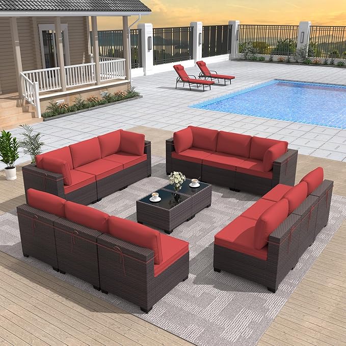 ALAULM 14 Pieces Patio Furniture Set Wicker Patio Conversation Set, Outdoor Sectional Furniture w/Coffee Table & Washable Seat Cushions-Red