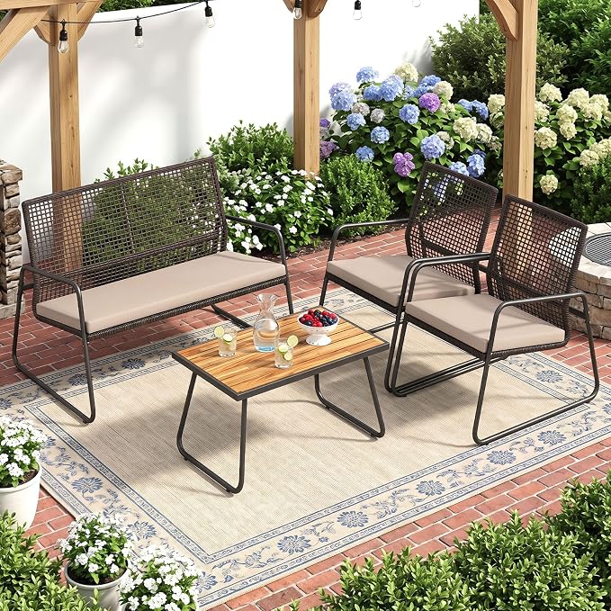 Tangkula 4 Pieces Patio Furniture Set, PE Wicker Rattan Conversation Set with Acacia Wood Coffee Table & Zippered Cushions, Outside Seating Set for Backyard, Garden & Deck (Beige, 4 Pcs)