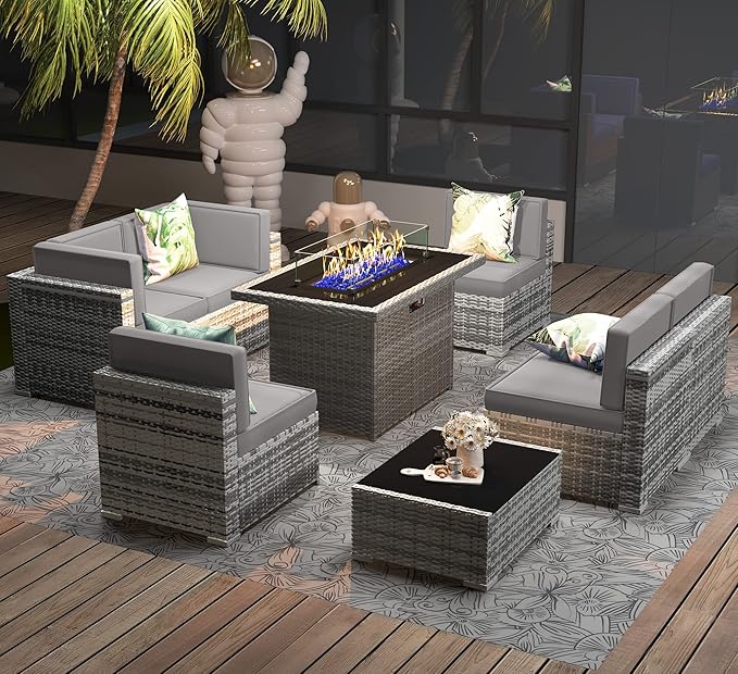 8 Pieces Patio Furniture Set with 44" Propane Gas Fire Pit Table, Outdoor Sectional Wicker Conversation Sofa Sets with Coffee Table