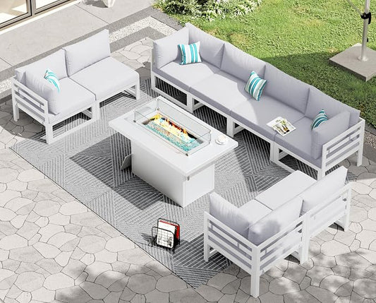 RADIATA 9 Piece Luxury Aluminum Outdoor Sectional Sofa with Rectangular Fire Pit Table, Oversized L Shaped Patio Furniture Set, 29" Deep Wide Seat, 500 lbs Heavy Duty Conversation Set for Yard, White