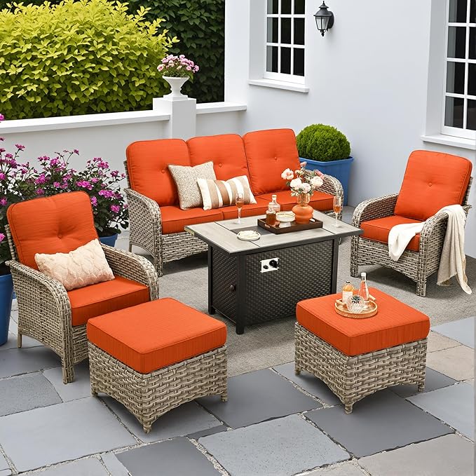 6-Piece Outdoor Patio Furniture Set with Fire Pit Table,All Weather Wicker Rattan Patio Seating Sofa and Chair Set with Ottomans,Outdoor Conversation Sets with 3 Seater Couch for Porch Deck Yard,Red