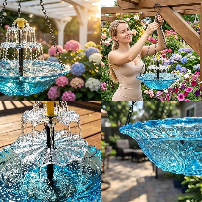 TUGFREE Solar Fountain for Bird Bath, Hanging Outdoor Water Feature with Solar Powered Cascade, Bird Bath Fountain for Garden Patio Yard - Decorative Circulating Bowl Attracts Wild Birds(Gray)