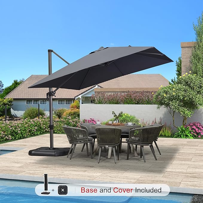 PURPLE LEAF 10'×10' Patio Umbrella with Base and Cover Outdoor Large Cantilever Umbrella Windproof Offset Heavy Duty Sun Umbrella for Garden Deck Pool Patio Grey