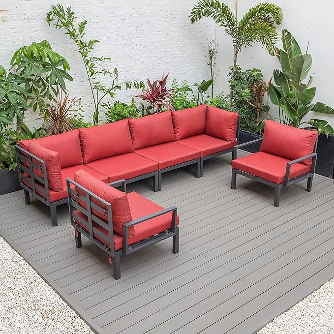 LeisureMod Hamilton Modern 6-Piece Modular Outdoor Sectional Aluminum Patio Conversation Set with Removable Cushions for Patio, Lawn, Garden, Poolside (Red)