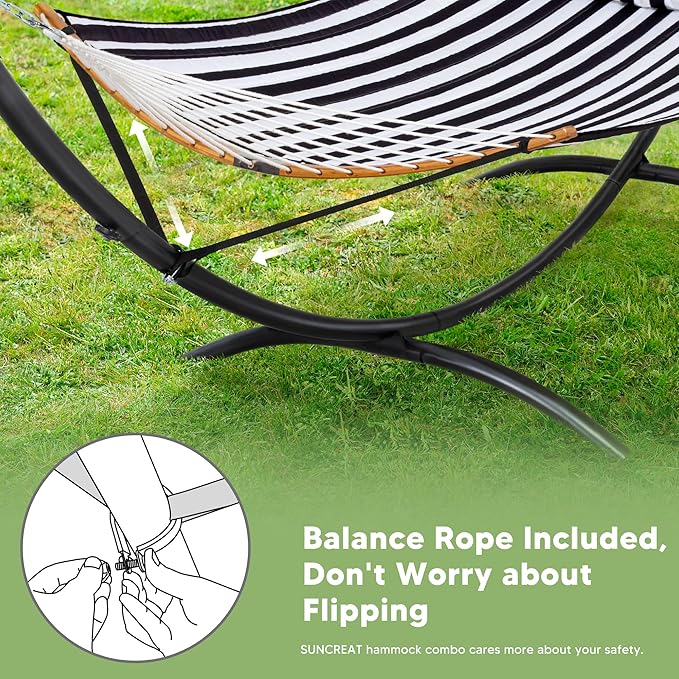 SUNCREAT Hammocks for Outside with Stand, Porch Hammock and Stand, 475 lbs Capacity, Patent Pending, Black & White
