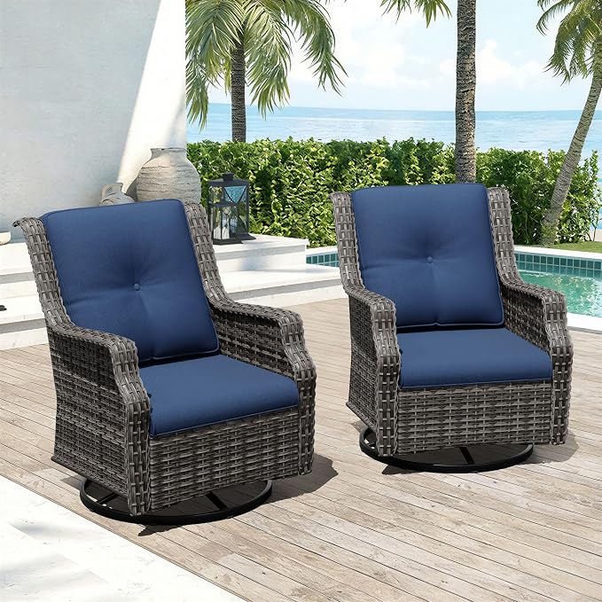 Swivel Patio Chairs Set of 2, Wicker Patio Furniture with Thick Cushions, Curved Armrest, Deep Seating, Rattan Outdoor Chairs for Porch, Deck, Balcony