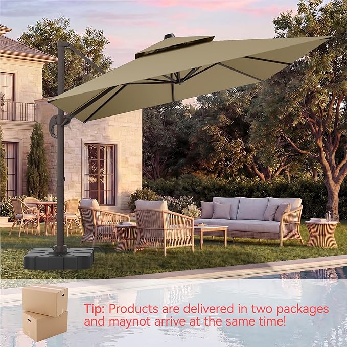 10x13 FT Patio Umbrella with Base, Large Cantilever Rectangular Double Top Heavy Duty Offset Umbrellas with 360° Rotation, Outdoor shade for Garden Deck Pool Patio, Tan